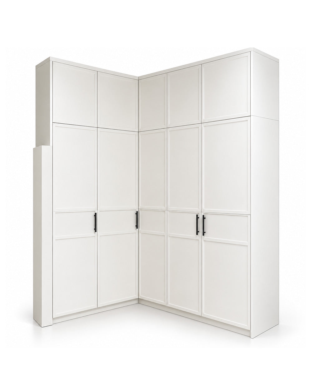 White corner wardrobe or closet system with multiple cabinet doors and drawers, shown on a clean white background.