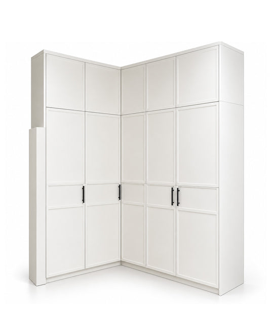 White corner wardrobe or closet system with multiple cabinet doors and drawers, shown on a clean white background.