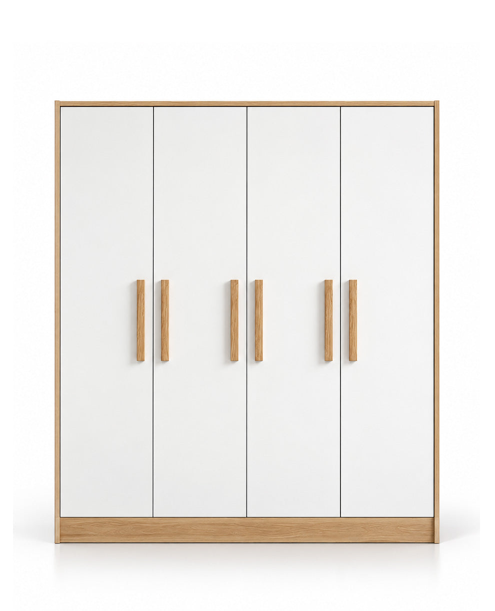 A modern four-door wardrobe with white doors, light oak wood trim, and slim vertical wood handles, shown on a clean white background.
