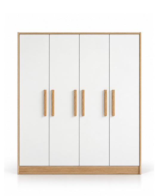 A modern four-door wardrobe with white doors, light oak wood trim, and slim vertical wood handles, shown on a clean white background.