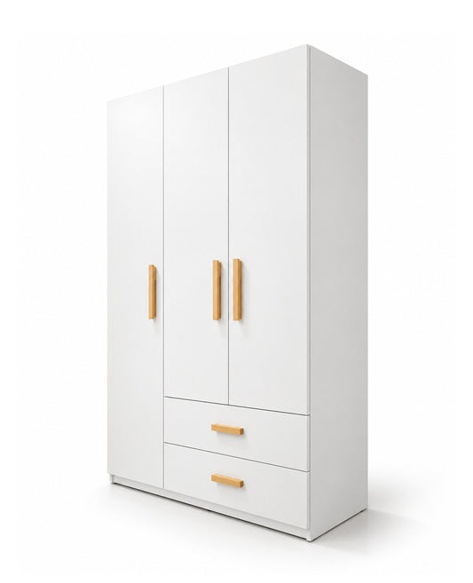 A modern white three-door wardrobe with two drawers at the bottom and slim light wood handles, shown on a clean white background.