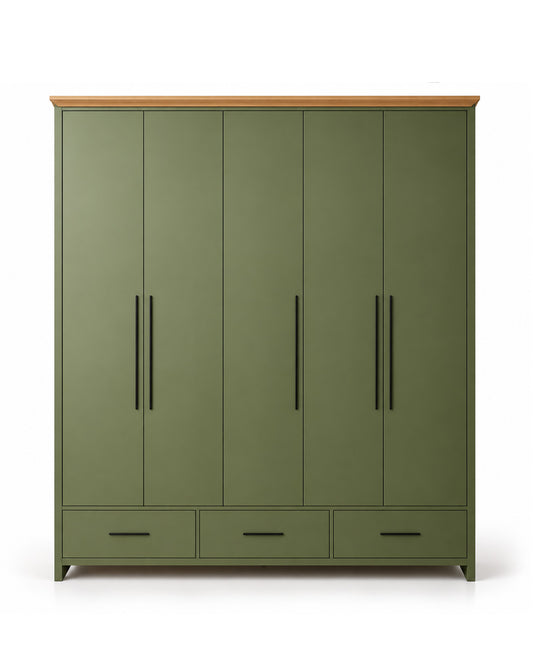 A modern four-door wardrobe with a matte sage green finish, a natural light wood top, and slim black vertical handles, shown against a plain white background.