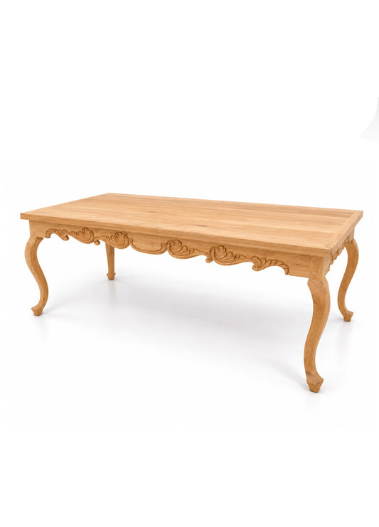 A light natural wood rectangular dining table with ornate carved details and curved cabriole-style legs, shown on a clean white background.