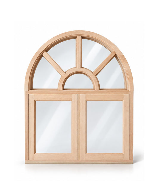 An arched wooden window frame with a semi-circular fan light above two rectangular glass panes, shown on a clean white background.