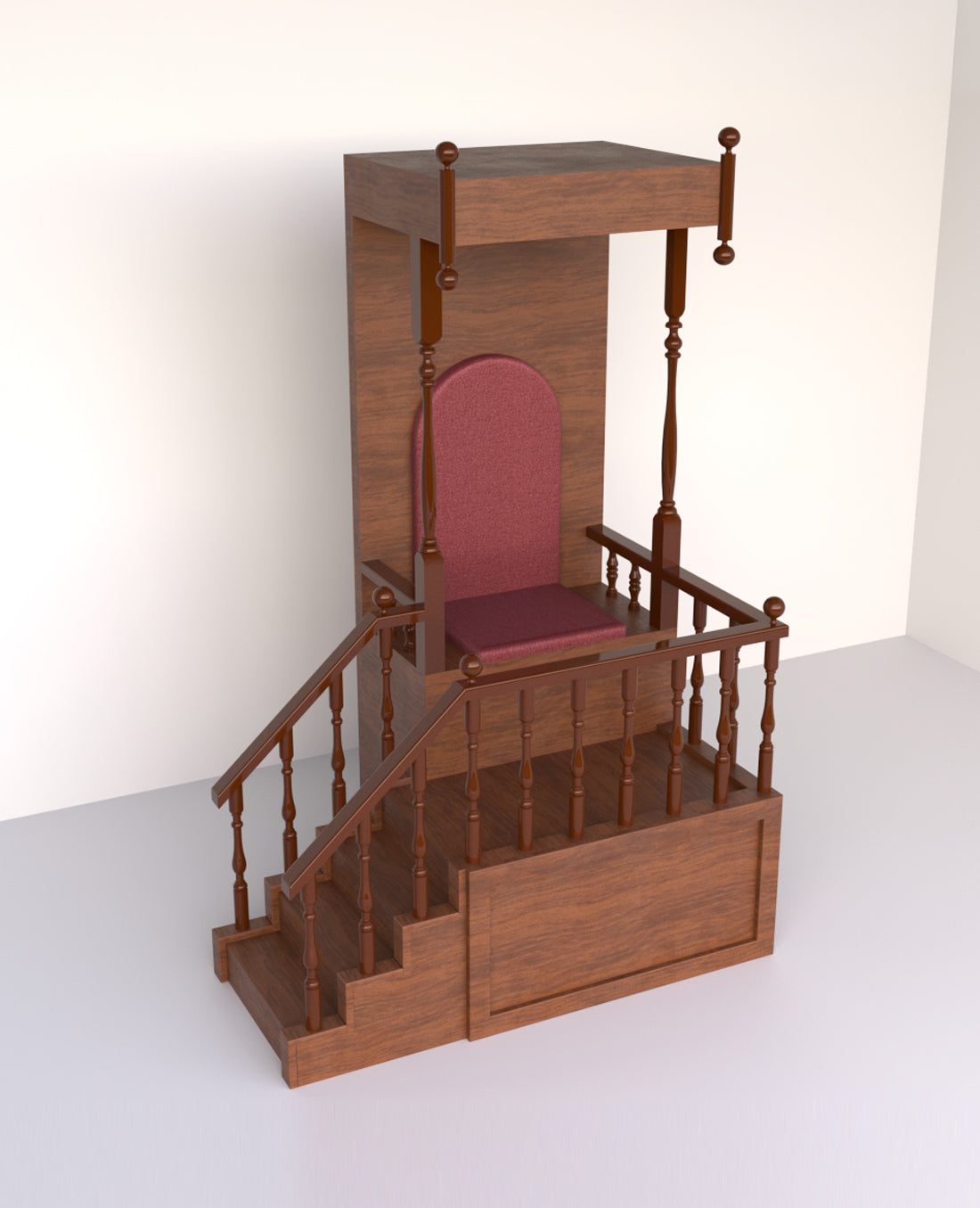 Aldebaran solid wood mimbar Maldives with spindle railing and canopy — Tenon