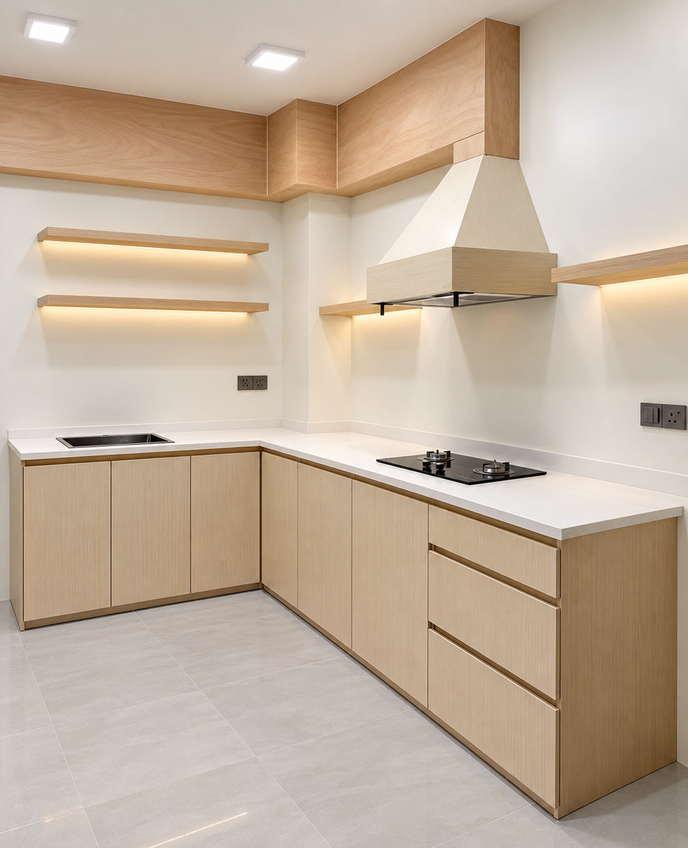 Modern L-shaped kitchen cabinetry with light wood grain doors, white countertops, built-in under-shelf LED lighting, a white range hood, and a black gas cooktop on a light gray tiled floor.