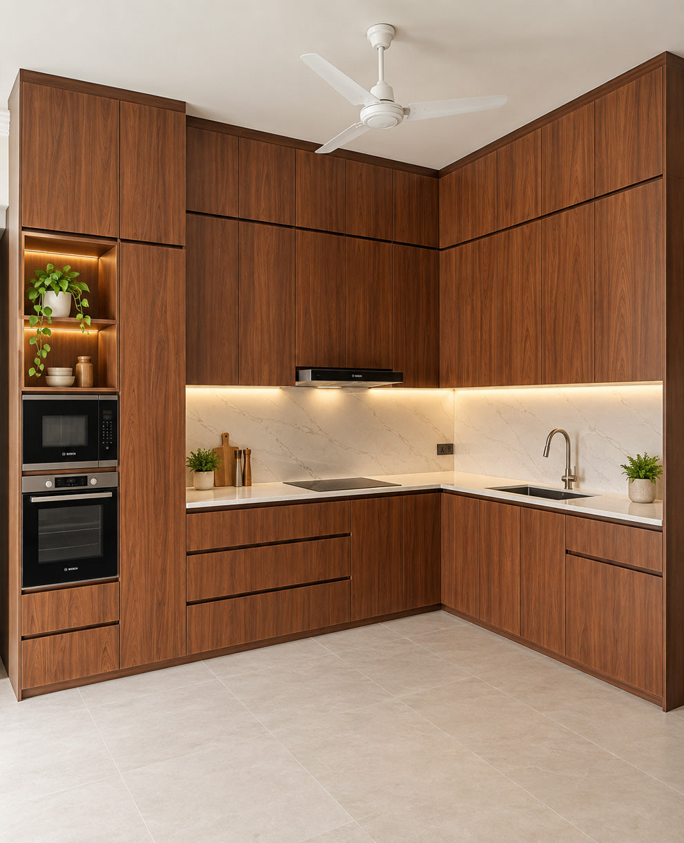 A modern L-shaped kitchen featuring dark brown wood grain cabinets, white marble countertops and backsplash, built-in stainless steel appliances, and light beige floor tiles.