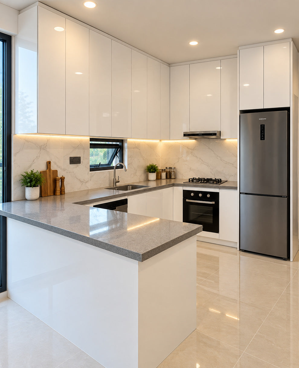 Modern kitchen interior with glossy white cabinets, a gray stone countertop, marble backsplash, built-in black appliances including an oven and refrigerator, and light beige floor tiles.