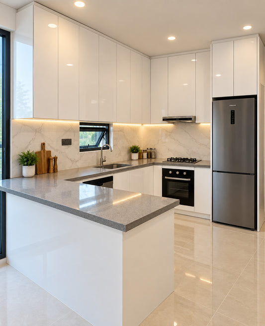 Modern kitchen interior with glossy white cabinets, a gray stone countertop, marble backsplash, built-in black appliances including an oven and refrigerator, and light beige floor tiles.