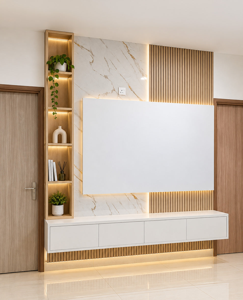 Modern wall-mounted TV stand and media console in a bright living room. The white floating cabinet sits beneath a large white TV screen, set against a split design of white marble and vertical wood slats, with built-in shelving on the left illuminated in warm light.