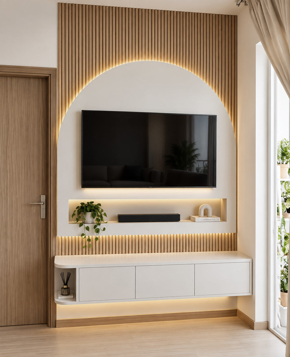 Modern living room wall featuring a floating white media console beneath a wall-mounted black TV, with a slatted wood arch and warm LED backlighting. A white shelf niche holds a plant, soundbar, and small decor object, with a light wood door on the left and a window on the right.