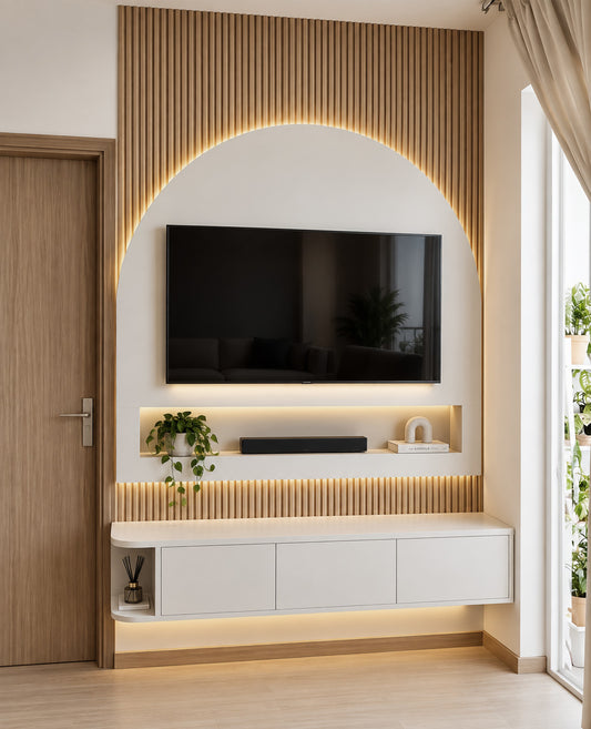 Modern living room wall featuring a floating white media console beneath a wall-mounted black TV, with a slatted wood arch and warm LED backlighting. A white shelf niche holds a plant, soundbar, and small decor object, with a light wood door on the left and a window on the right.